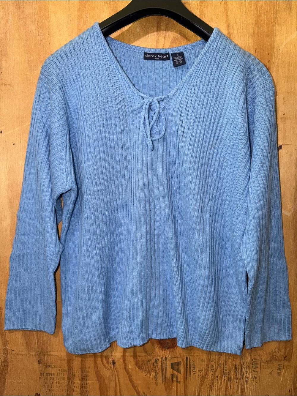 Vintage Y2k styled Derek Heart Light Blue Ribbed Knit Tie-Neck Women's sweater
